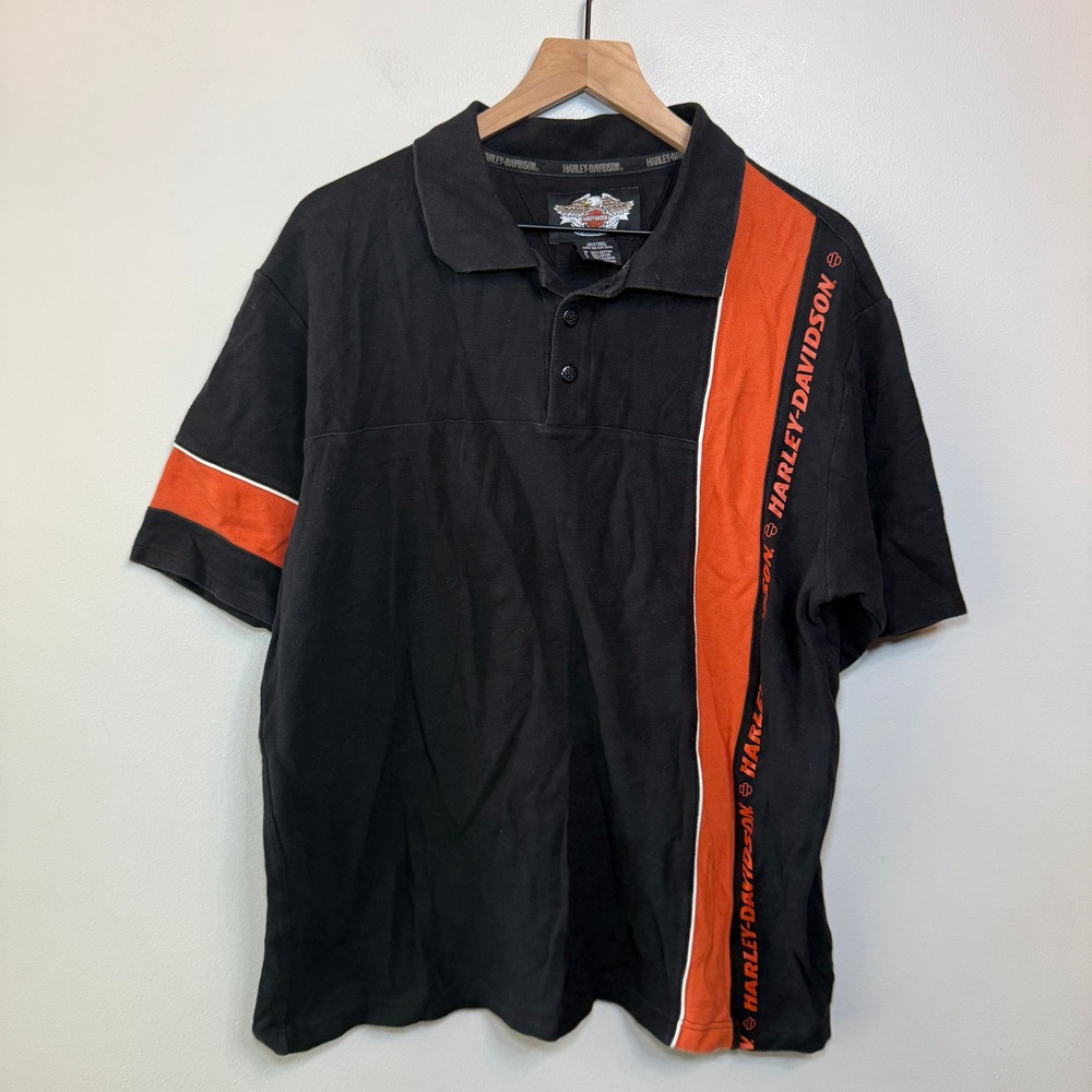 Harley Davidson Men's Black Orange Racing Stripe Cotton Polo Button Shirt Large